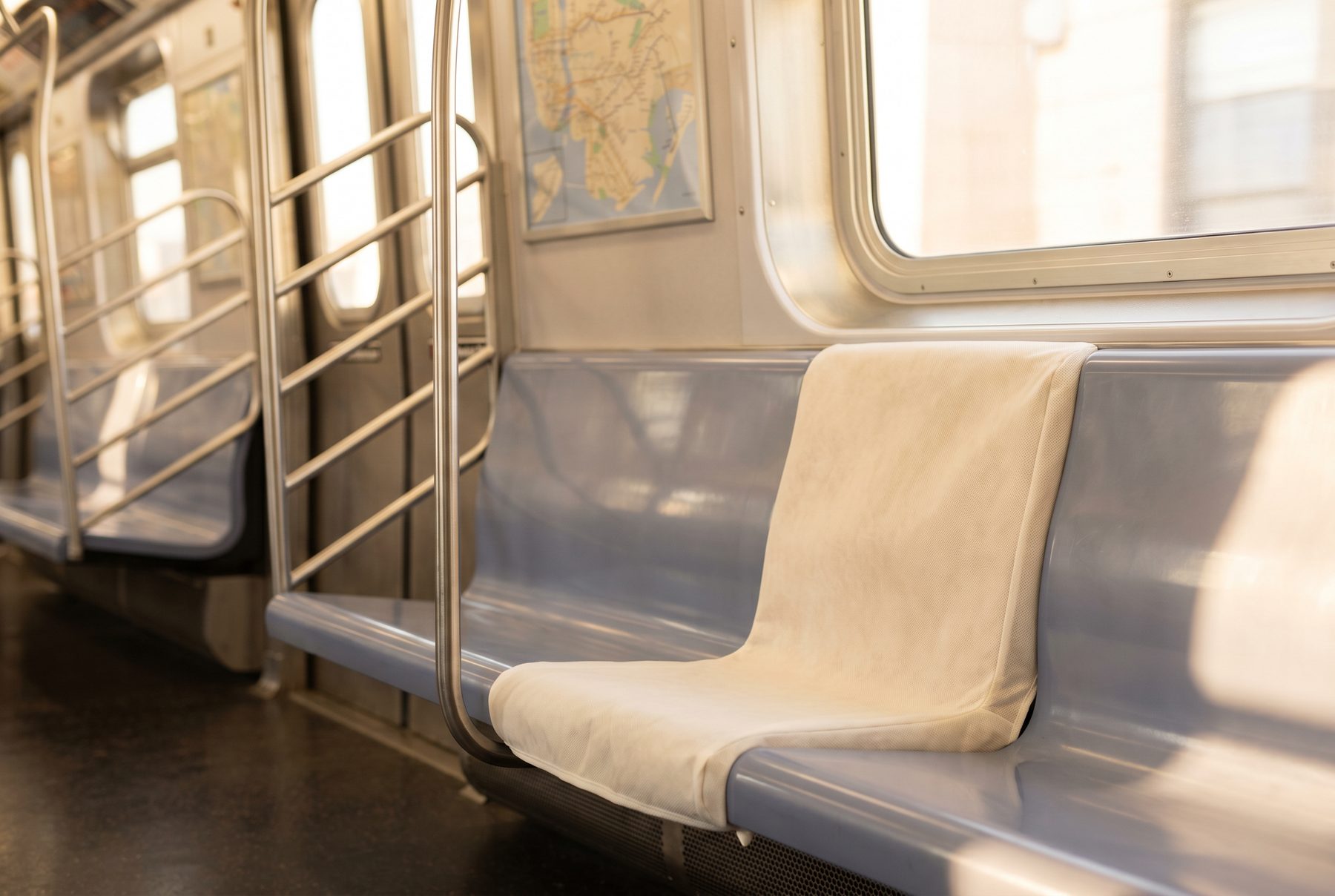 A Subway Sitter draped over a New York City subway seat in warm light